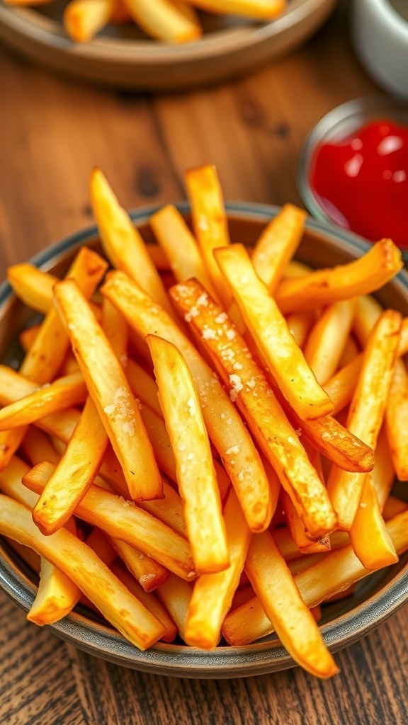 Crispy air fryer French fries served with ketchup on a rustic wooden table.
